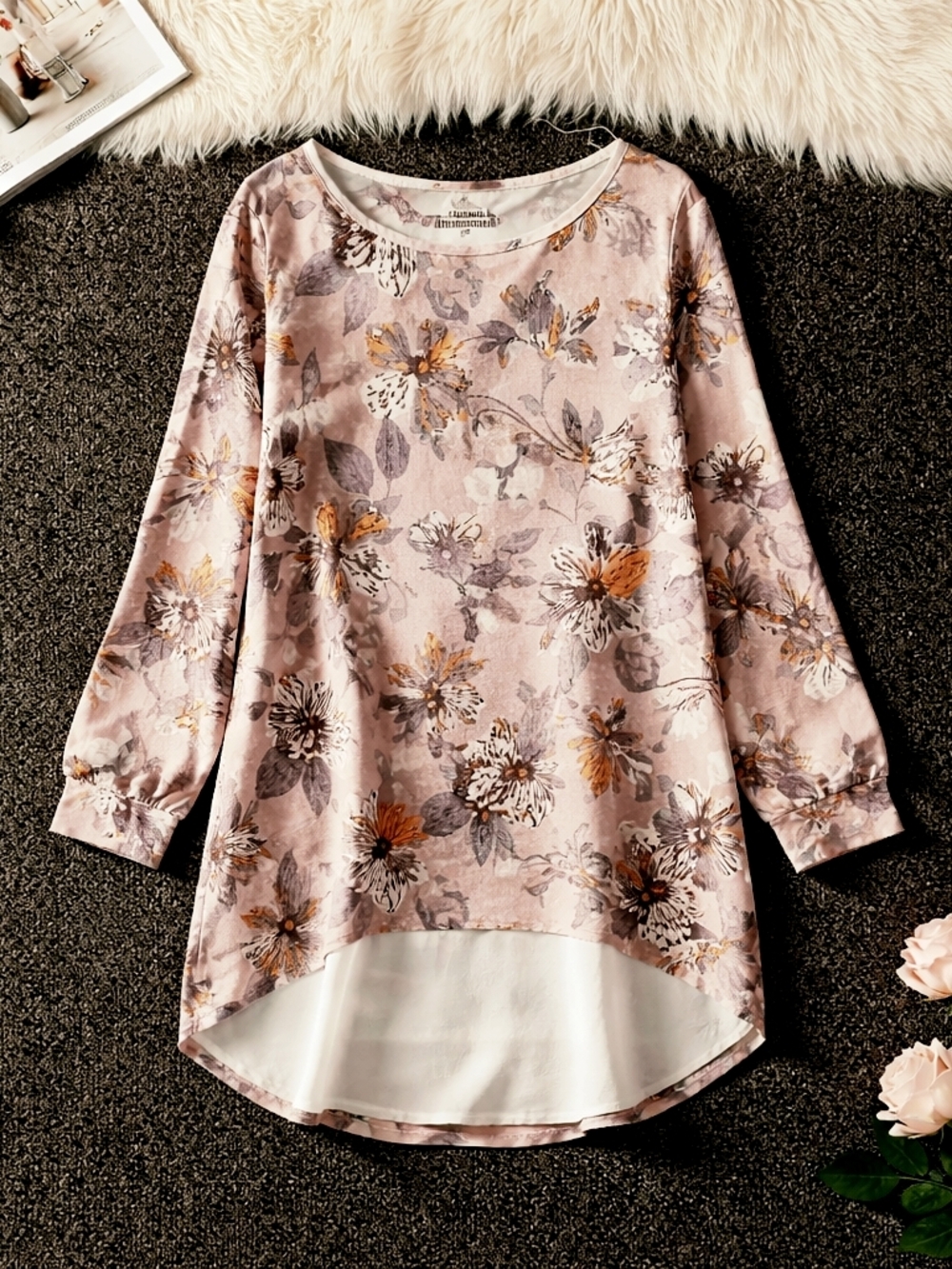 Floral High-Low Tunic Top in Dusty Rose